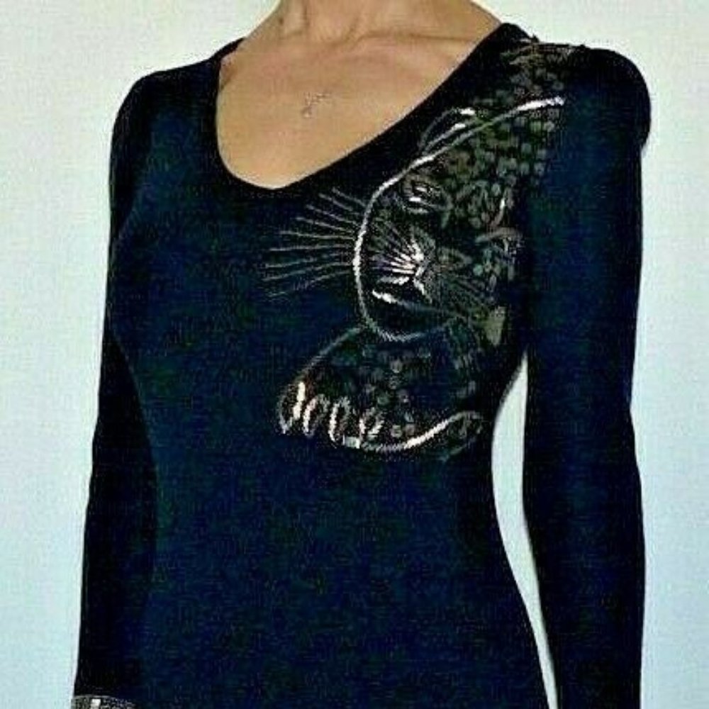 New Unique Women's Medium Free People Black Knit Jaguar Beaded Sweater Dress